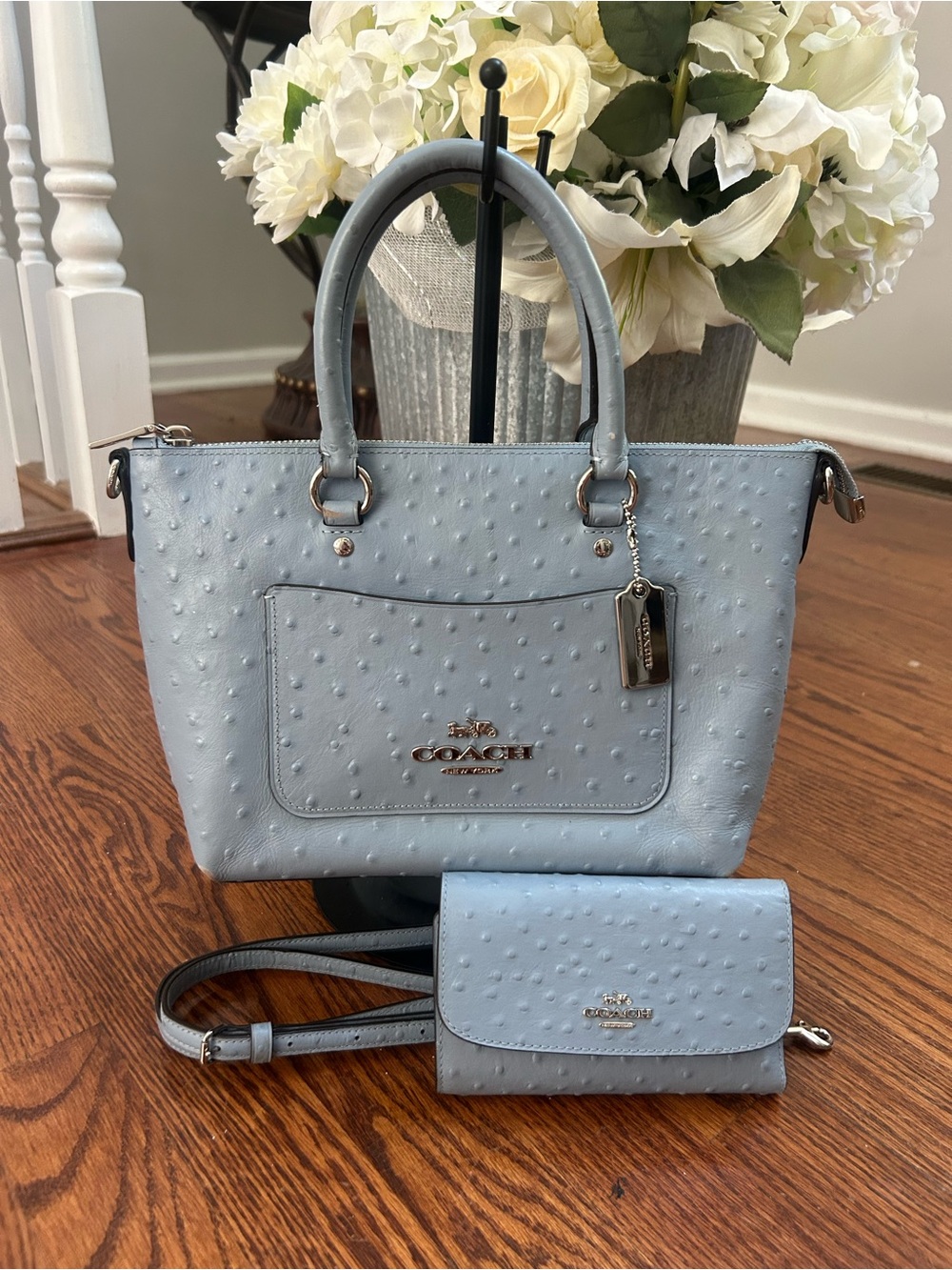 Coach Mini Emma F44720 Ostrich Embossed Satchel + Matching Wallet Blue